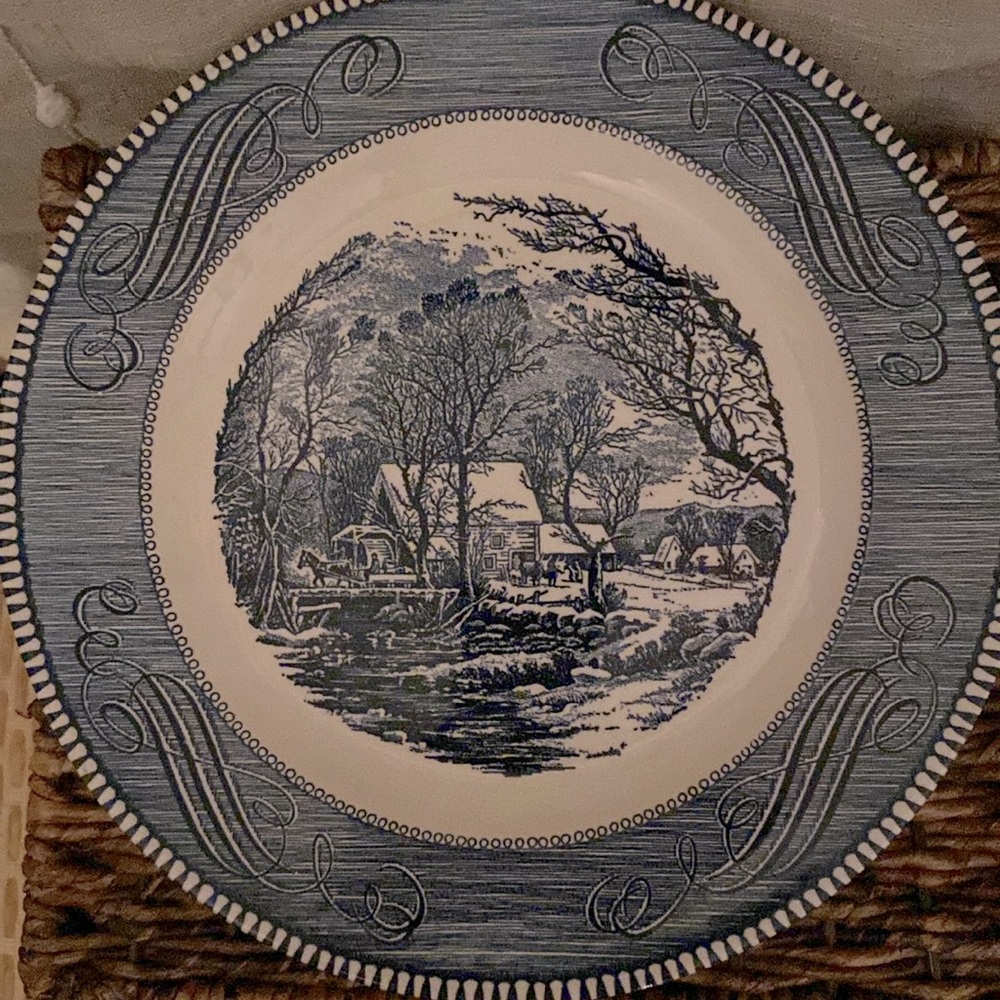 Currier & Ives The Old Grist Mill Plates (2 )Winter Snow Christmas Holidays
